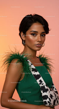 Elegant Woman in Green Dress with Cow Print Accessory and Feather Details