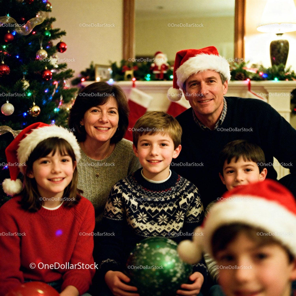 Family Smiling Together by Christmas Tree in Cozy Living Room