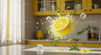 Fresh lemon with rosemary and ice cubes splash in kitchen