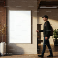 Casual man walking past blank poster in modern interior