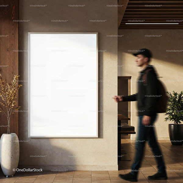 Casual man walking past blank poster in modern interior JPG Mockup Image