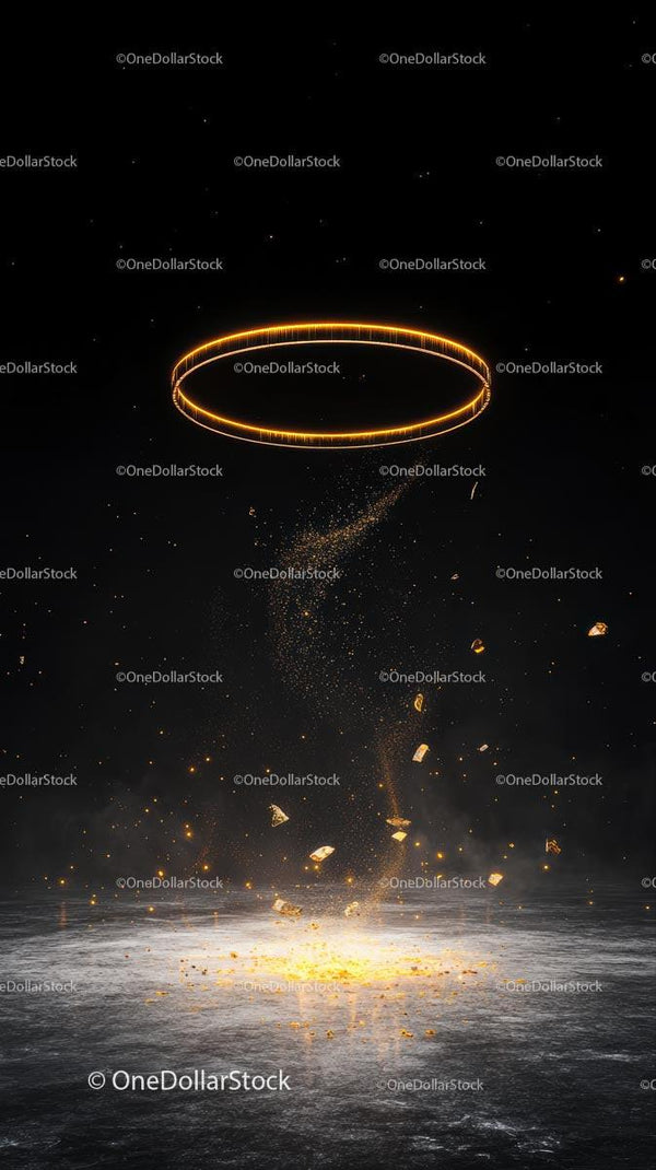 Futuristic glowing ring hovering in space with particles and cosmic dust