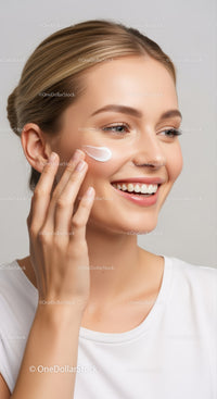 Young Woman Applying Moisturizer on Cheek for Glowing Skin