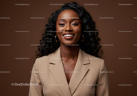 Elegant African American Woman Wearing Beige Blazer and Gold Earrings