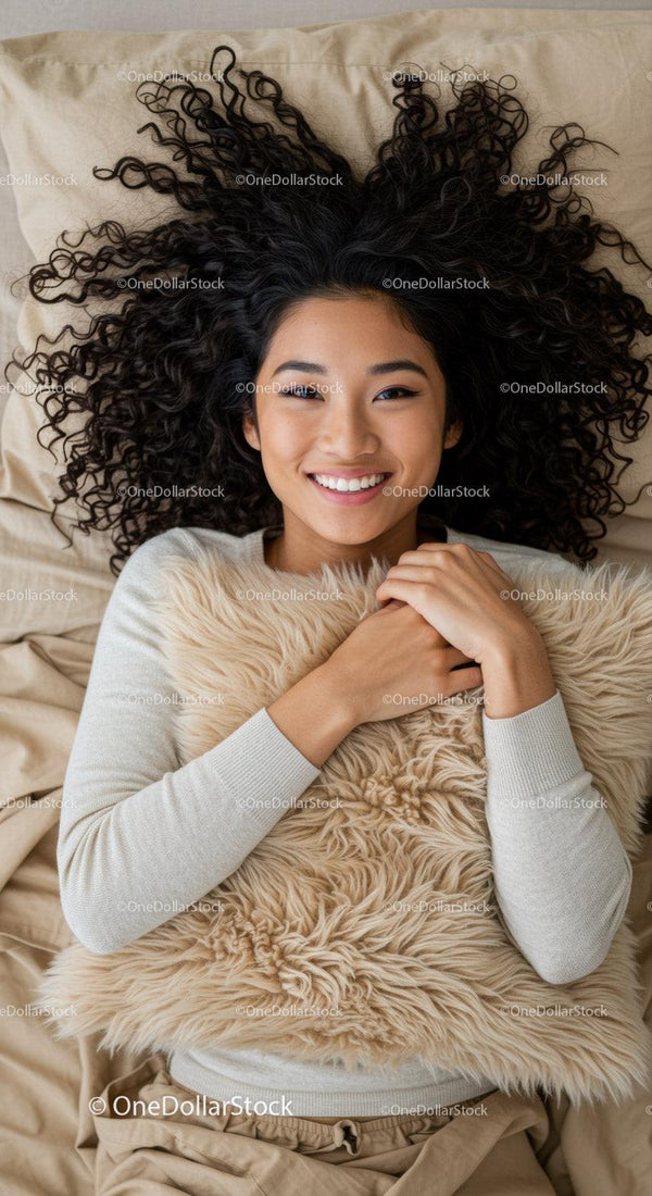 Smiling woman relaxing on bed with cozy pillow