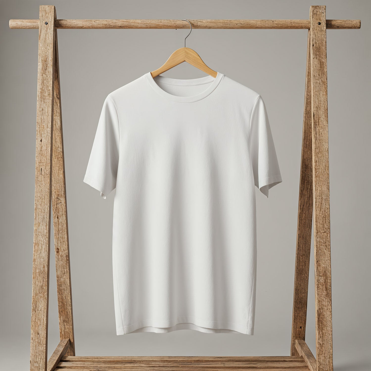 Minimalist white t-shirt hanging on wooden rack