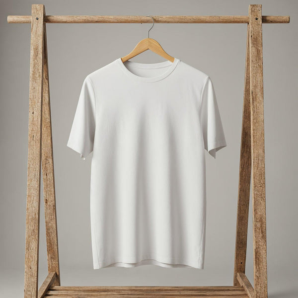 Minimalist white t-shirt hanging on wooden rack JPG Mockup Image