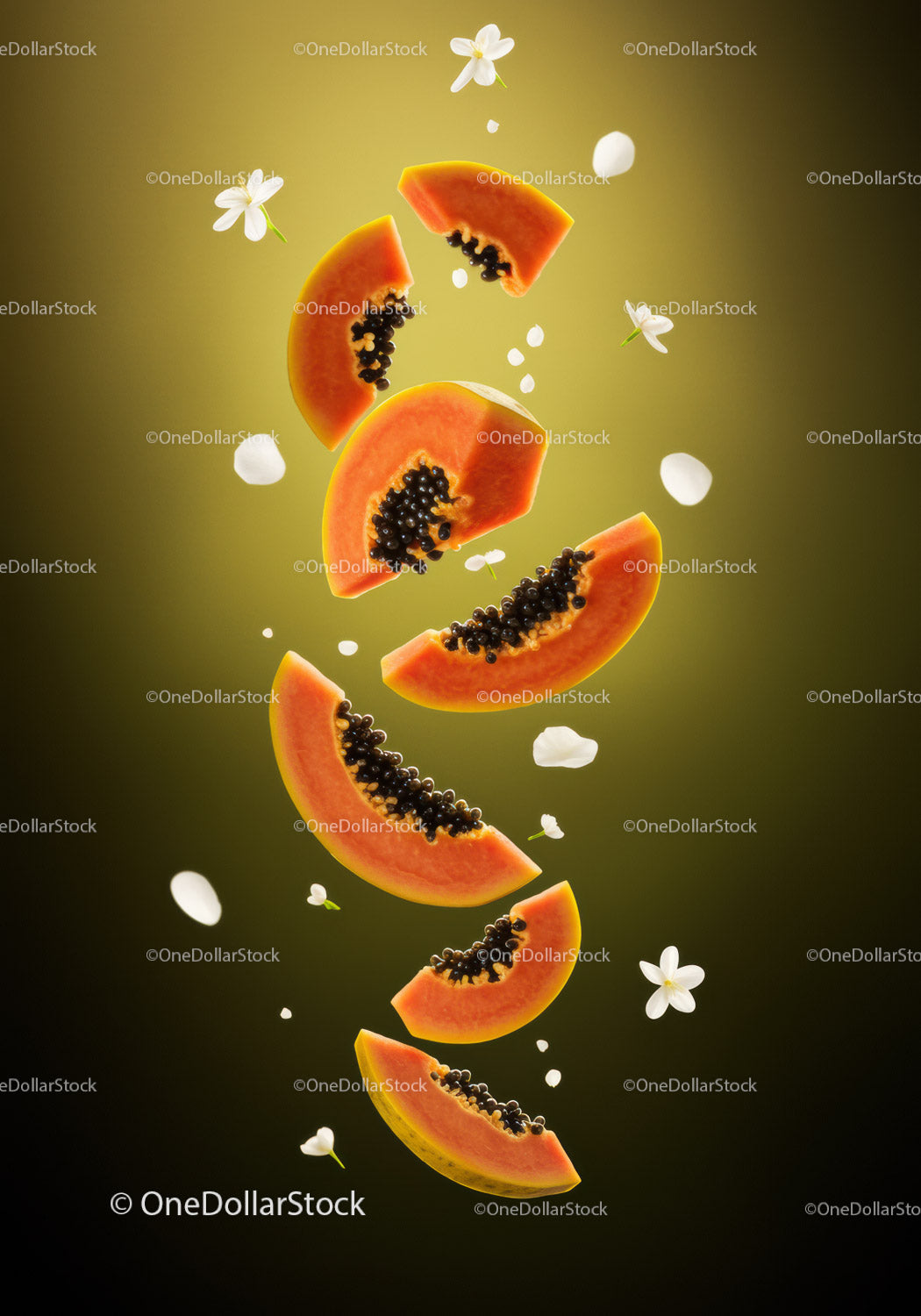 Fresh Papaya Slices Falling with White Flowers