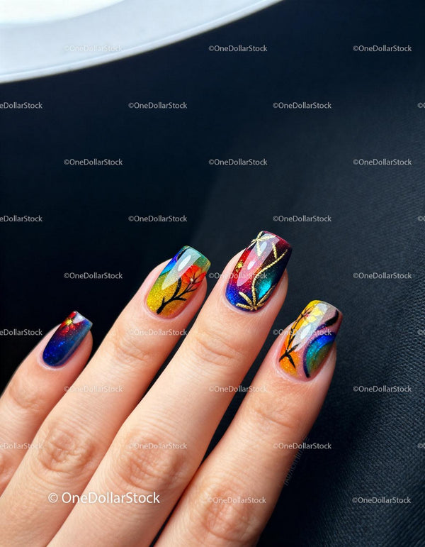 Kolorowy brokatowy manicure z motywami kwiatowymi i abstrakcyjnymi