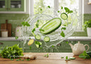Refreshing cucumber and mint splash in bright kitchen
