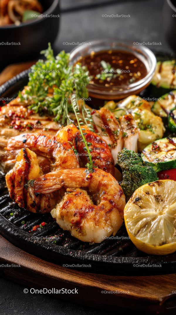 Grilled Shrimp with Fresh Vegetables and Lemon Slice