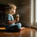 Young child enjoying ice cream cone by sunny window