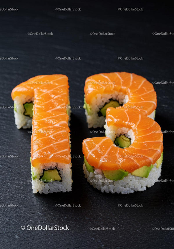 Fresh sushi rolls shaped as number thirteen on black slate