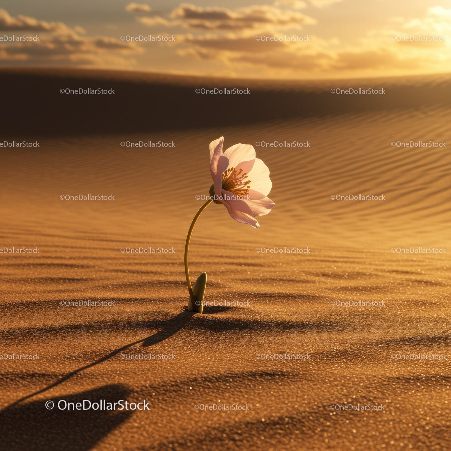 Delicate flower blooming alone in vast desert sands