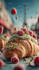 Crispy Croissant with Raspberries and Pistachios on Blue Background