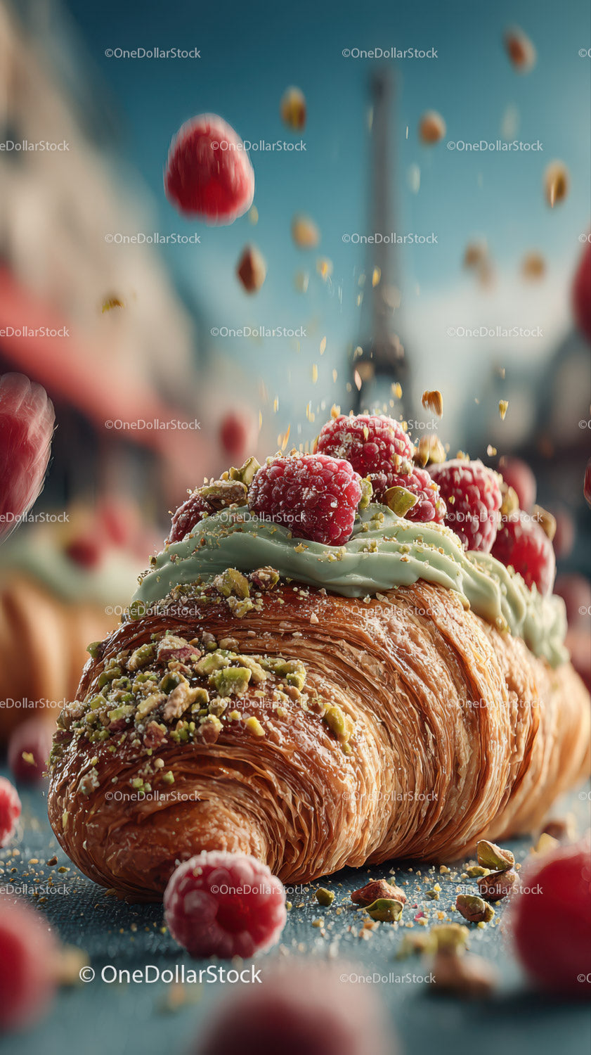 Chrupiący croissant z malinami i pistacjami na niebieskim tle
