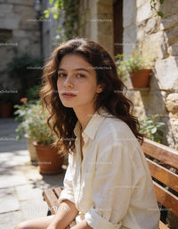 Thoughtful young woman sitting on sunny garden bench