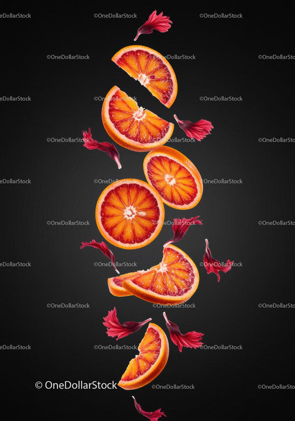 Floating slices of blood orange with red flower petals