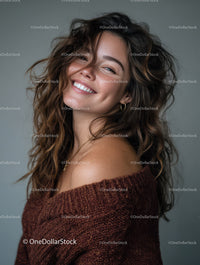 Smiling Woman with Wavy Brown Hair and Bright Expression