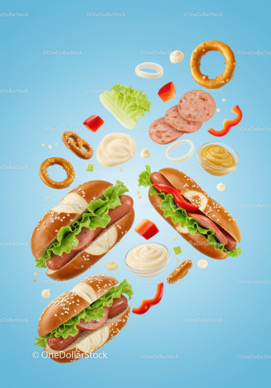 Floating Hot Dogs with Fresh Vegetables and Sauces