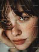 Close-Up Portrait of a Young Woman with Freckles and Brown Eyes