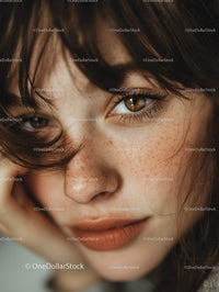 Close-Up Portrait of a Young Woman with Freckles and Brown Eyes