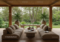 Cozy open living room with garden view and natural decor