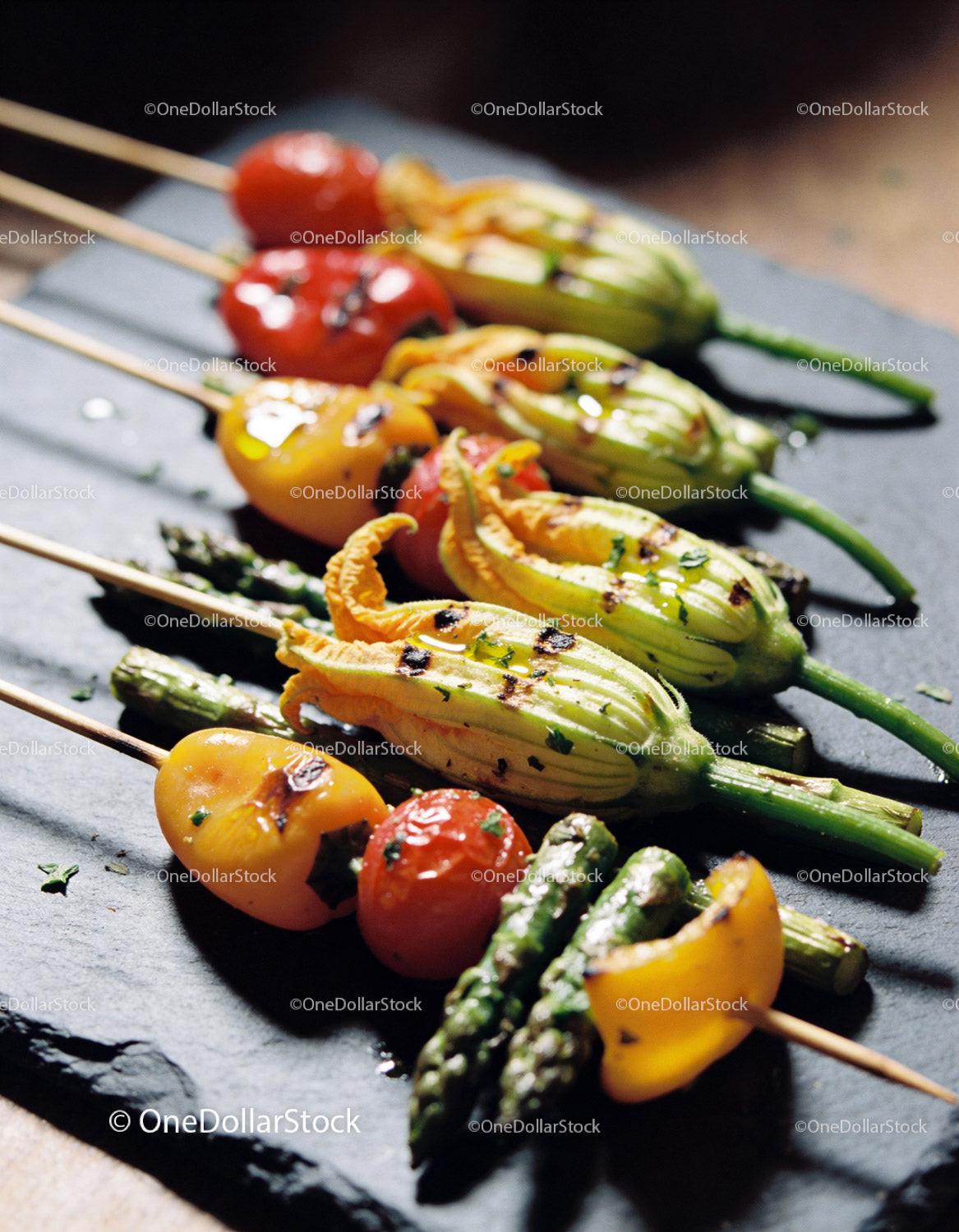 Grilled Vegetable Skewers with Zucchini Blossoms and Asparagus