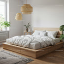 Cozy bedroom with wooden bed and soft white linens