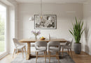 Bright Modern Dining Room with Large Window and Green Potted Plant
