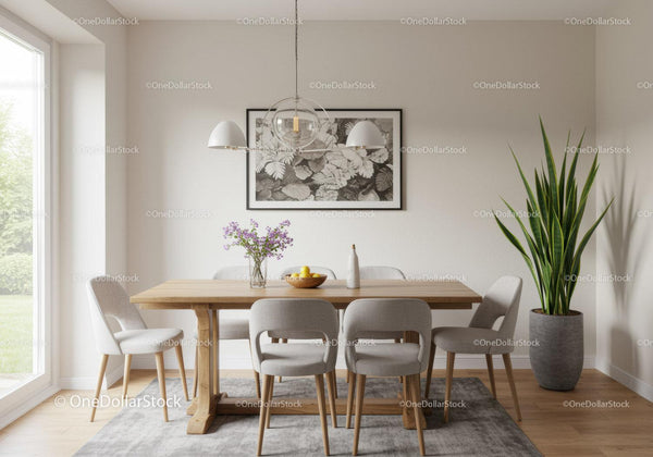 Bright Modern Dining Room with Large Window and Green Potted Plant