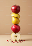 Stacked fresh fruits with pomegranate seeds on beige
