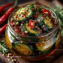 Vibrant Spicy Cucumber Kimchi in Glass Jar with Fresh Vegetables