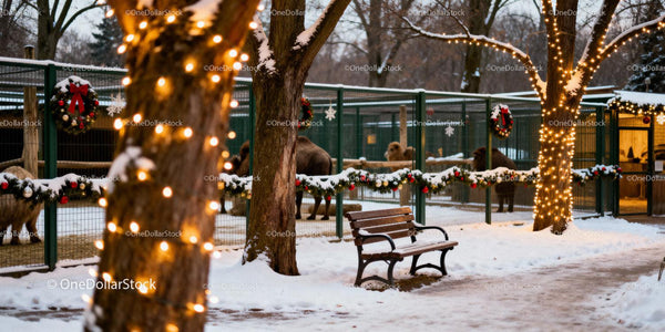 Winter Zoo Scene with Festive Lights and Snow