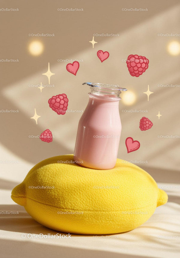Pink smoothie bottle on bright yellow lemon cushion JPG Mockup Image