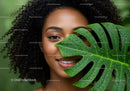 Portrait of a Woman with Curly Hair Behind Monstera Leaf with Water Droplets