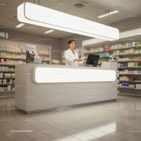 Pharmacist assisting customer at modern pharmacy counter
