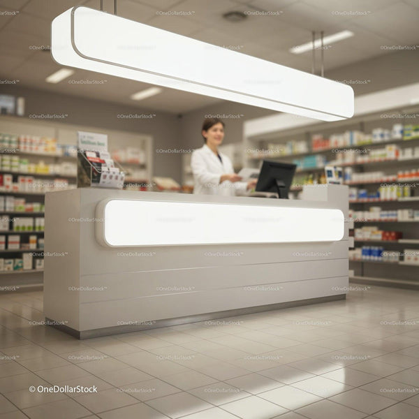 Pharmacist assisting customer at modern pharmacy counter JPG Mockup Image