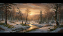 Serene Winter River at Sunset in Snowy Forest