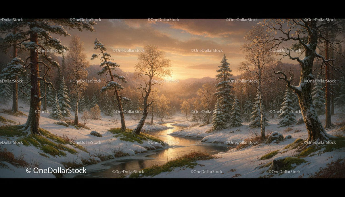 Serene Winter River at Sunset in Snowy Forest