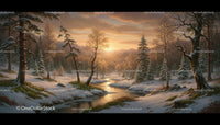 Serene Winter River at Sunset in Snowy Forest