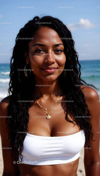 Portrait of a Smiling Woman in a White Crop Top at the Beach