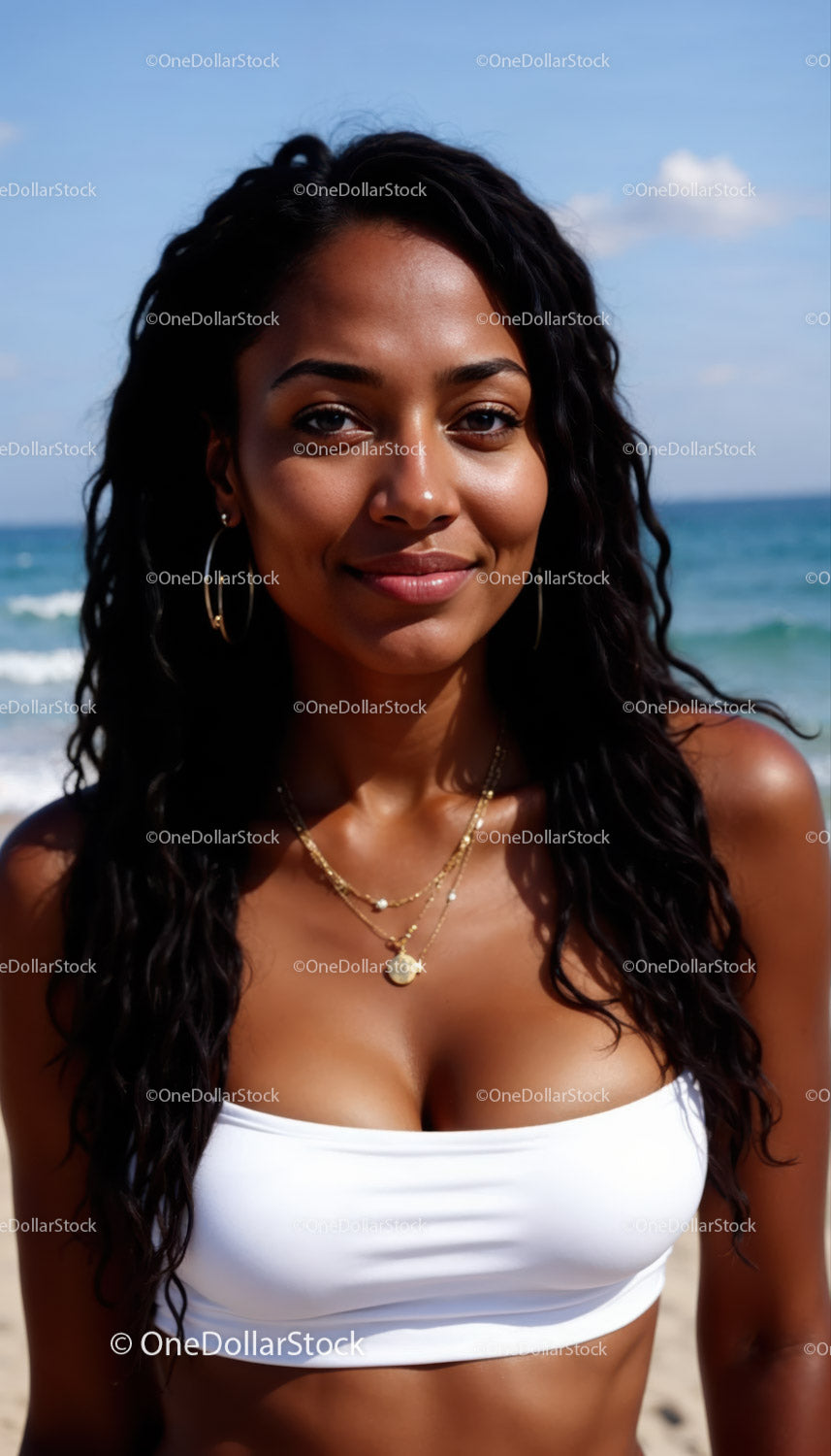 Portrait of a Smiling Woman in a White Crop Top at the Beach
