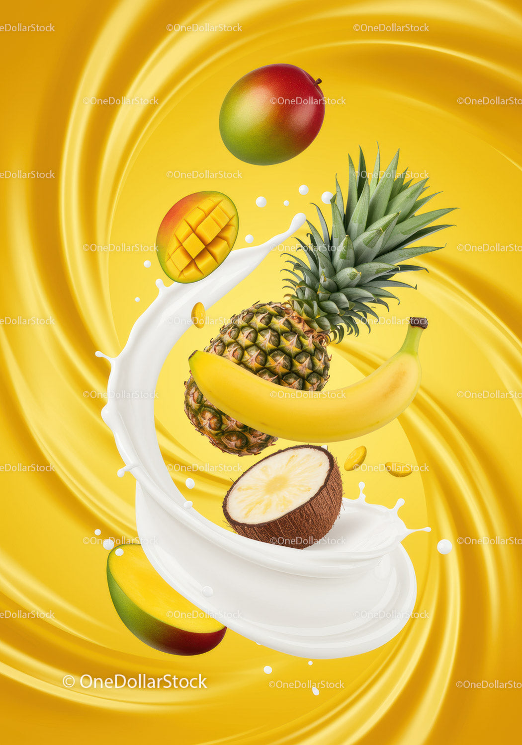 Fresh tropical fruits splashing into creamy milk swirl