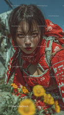Vibrant Young Woman in Traditional Red Kimono Outdoors