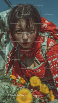 Vibrant Young Woman in Traditional Red Kimono Outdoors