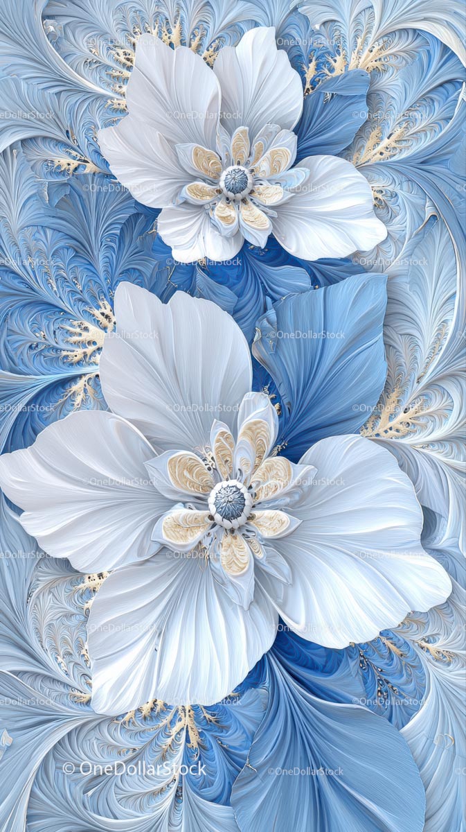 Elegant Blue and White Fractal Flower Artwork for Digital Design