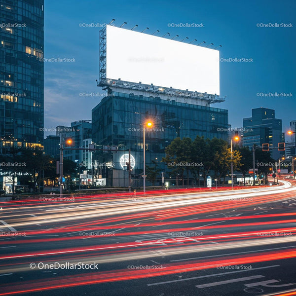 Empty billboard glowing over busy city street at night JPG Mockup Image