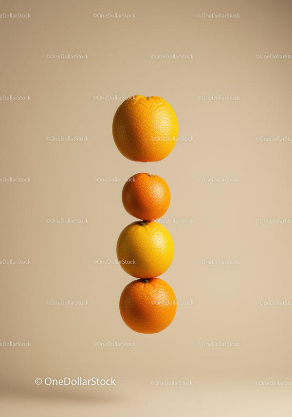 Four Citrus Fruits Balanced in Vertical Floating Stack