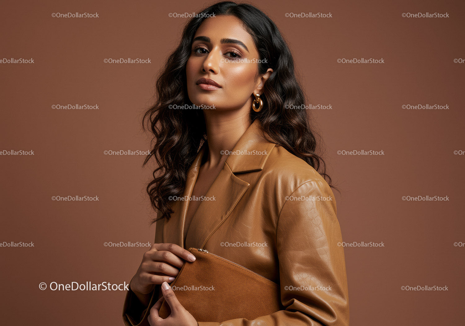 Elegant woman in brown leather jacket with wavy hair and jewelry